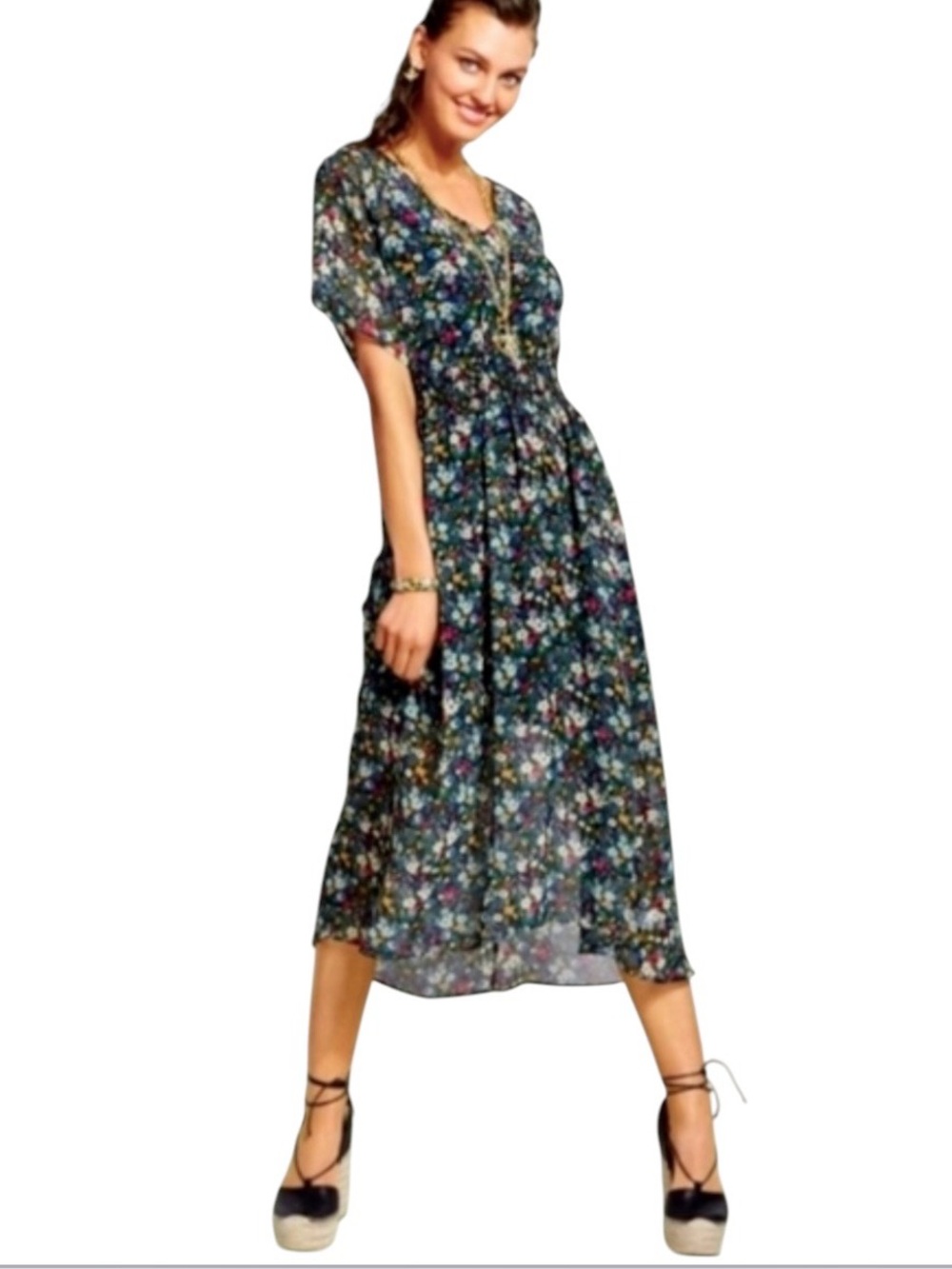Cabi fiesta green floral midi dress style 5386 size XS